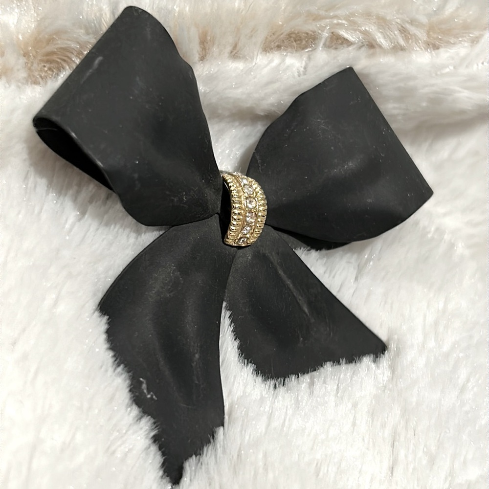 Black Vintage Metal Brooch w Rhinestone Center Gold Accent - New